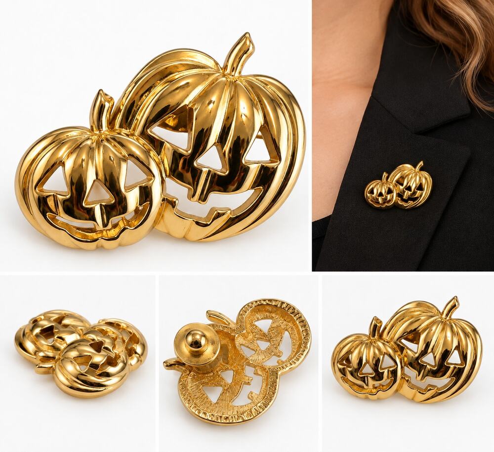 Gold-Tone Double Jack-O’-Lantern Pumpkin Halloween Brooch Pin